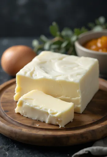 Kozie maslo v malej keramickej miske, krémová konzistencia, na rustikálnom drevenom povrchu