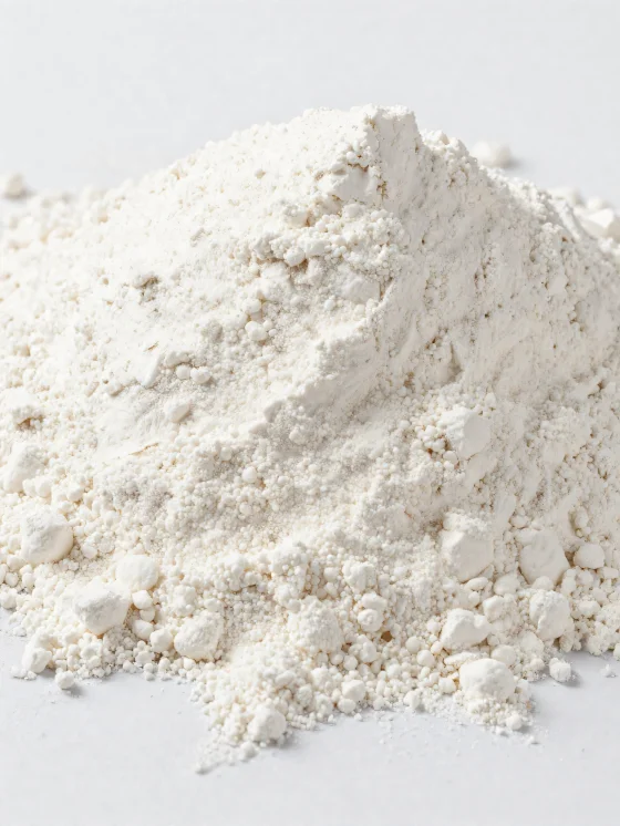 Kokosová múka v keramickej miske, svetlý jemný prášok na drevenom povrchu