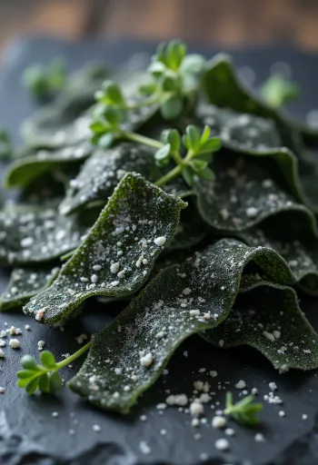 Sušené pláty riasy kombu na drevenom povrchu, kúsok kombu namočený v malej miske