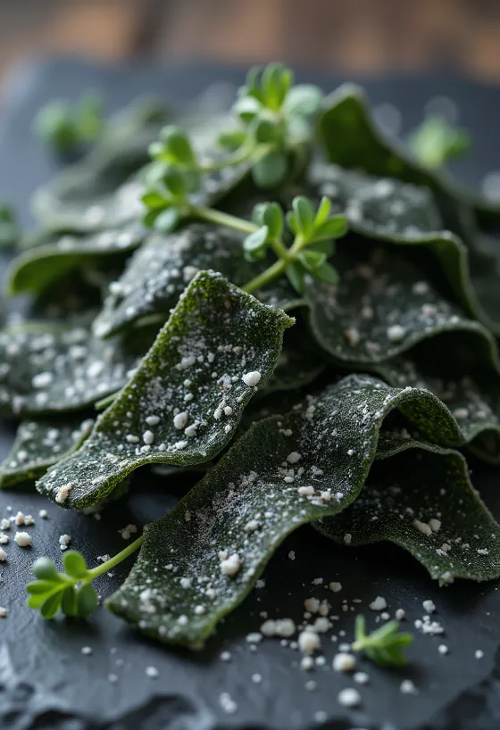Sušené pláty riasy kombu na drevenom povrchu, kúsok kombu namočený v malej miske