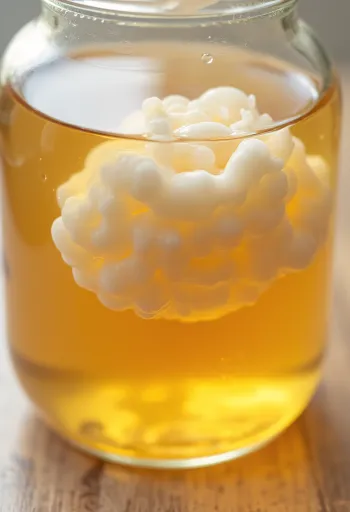 Zložky základu na kombuchu: SCOBY, čierny čaj, cukor a fermentačný pohár na drevenom povrchu