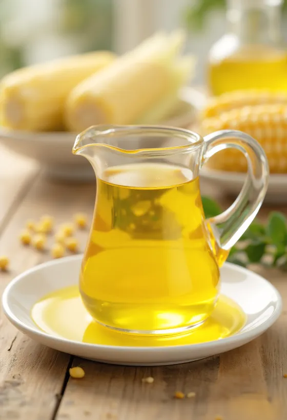 Kukuričný olej v sklenenej fľaši, s kukuričnými zrnami a krupicou