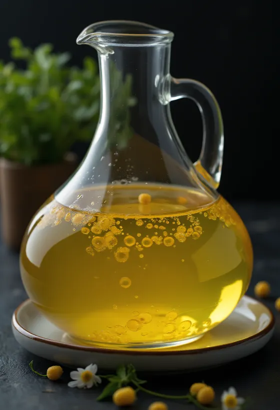 Kukuričný olej v malej sklenenej miske, vedľa kukuričné zrná a klíčky