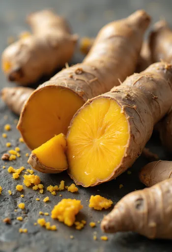 Kurkumový prášok v rustikálnej miske a rozsypaný na drevenom povrchu, v prirodzenom svetle