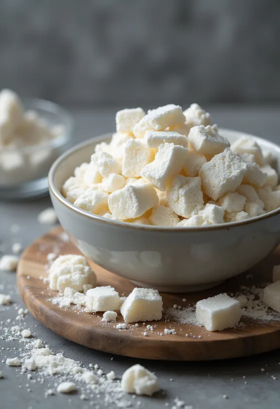 Kuzu škrob v keramickej miske a na vareške, vedľa plátky koreňa