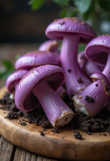 Nakrájané a očistené huby pôvabnice fialovej na kuchynskej doske
