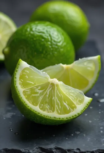 Čerstvá limetka v celku a prekrojená v miske a na rustikálnom drevenom stole s limetkovou vodou