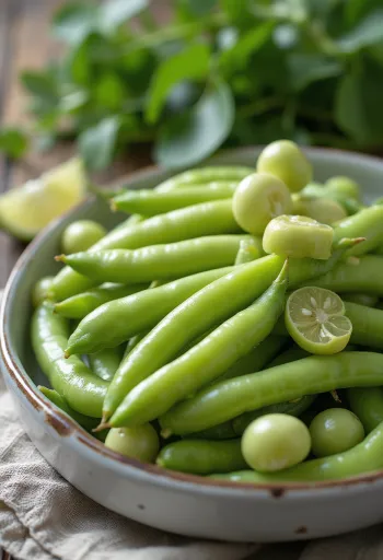 Čerstvé struky bôbu a vylúpané zrná na rustikálnom povrchu