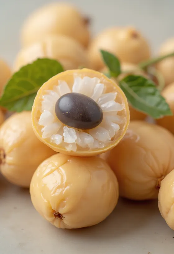 Celé a nakrájané ovocie longan s bielou dužinou a čiernym semenom na drevenom povrchu