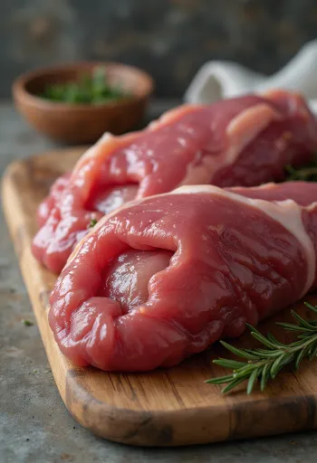 Plátky surovej pečene na doske v čerstvom stave