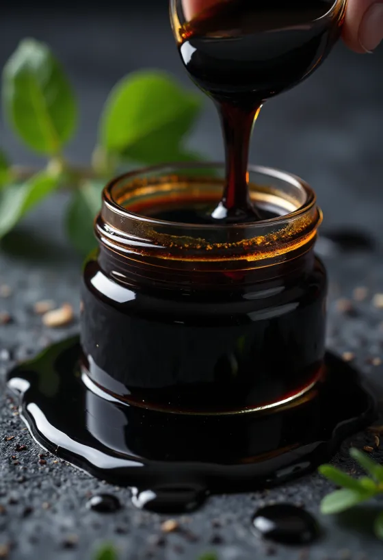 Hustá tmavá melasa v miske a sirup stekajúci z varechy
