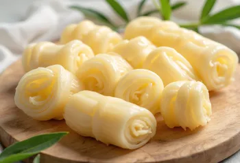 Nakrájané bambusové výhonky na doske na krájanie, obklopené čerstvou zeleninou