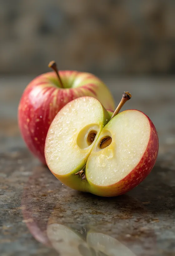 Čerstvé jablká Braeburn a nakrájané plátky na doske