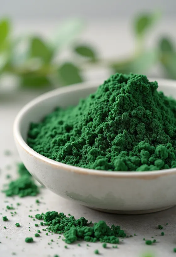 Chlorella prášok v malej fľaštičke, sýtozelená farba, okolo tablety chlorelly