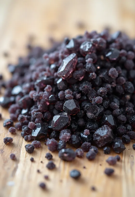 Čierna soľ v malej fľaštičke, sýta čierna farba, okolo kryštáliky soli a drevená lyžička