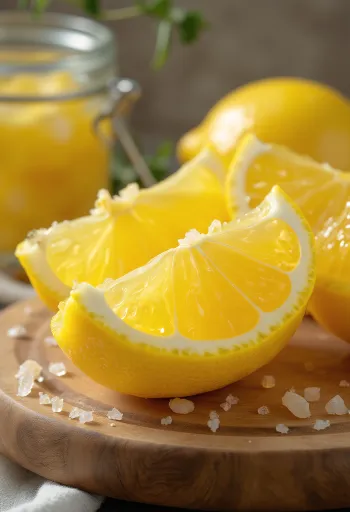 Fermentované citróny v pohári, plátky so zlatistou farbou