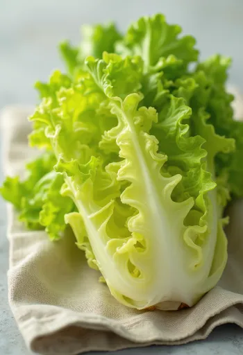 Čerstvý šalát frisée (cigória) s kučeravými zelenými listami na doske na krájanie