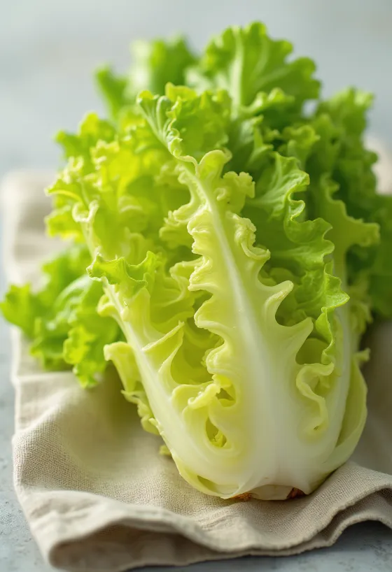 Čerstvý šalát frisée (cigória) s kučeravými zelenými listami na doske na krájanie