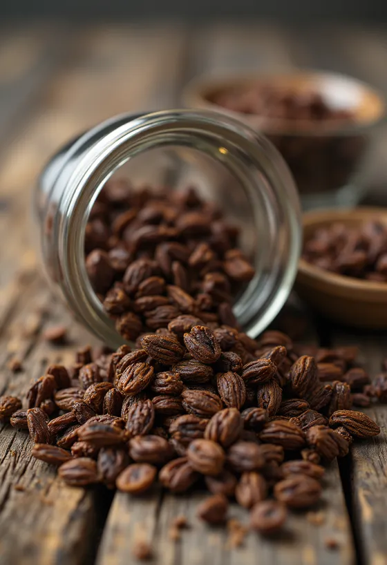 Zrnká praženej raže na doske na krájanie pri prirodzenom svetle