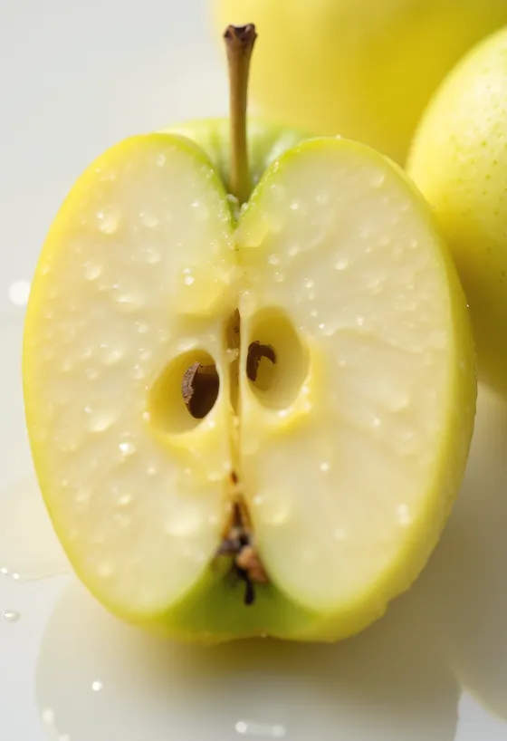 Čerstvé jablká Golden Delicious a nakrájané plátky na doske
