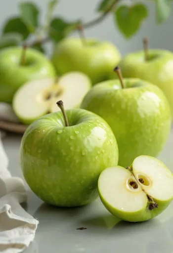 Čerstvé jablká Granny Smith a nakrájané plátky na doske