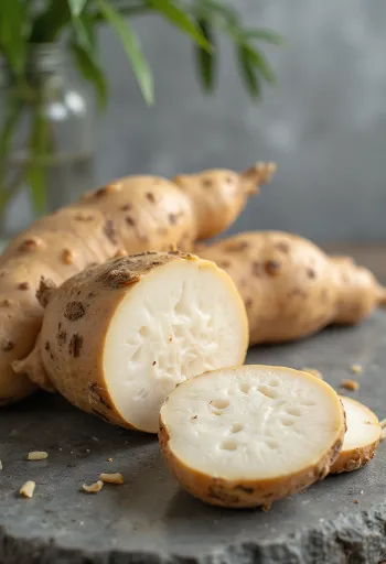 Nakrájaný maniok (cassava) korene na doske, obklopené čerstvou zeleninou