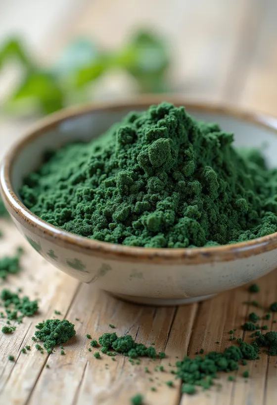 Spirulina prášok v malej fľaštičke sýtej zelenej farby, okolo tabletky spiruliny