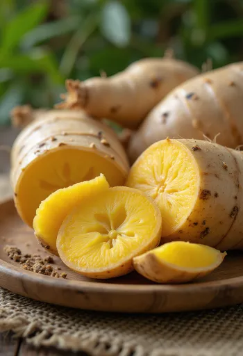 Obrázok koreňa Arracacha, nakrájané plátky na doske