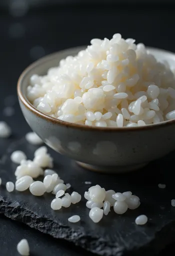 Čerstvo uvarená sushi ryža s lepivými, guľatými zrnami