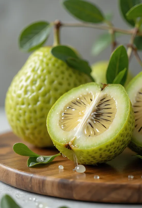 Ovocie feijoa, zelená šupka a šťavnaté vnútro