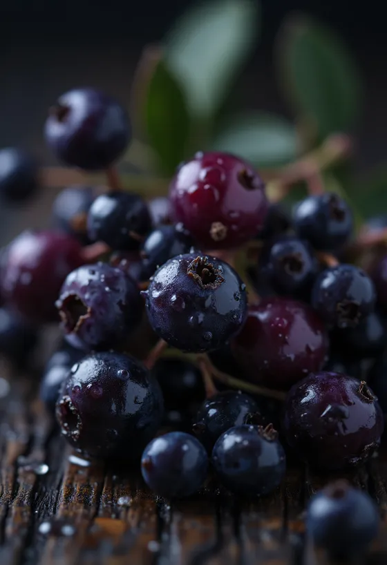 Bobule bazy čiernej, sýta tmavofialová farba a jemný lesk