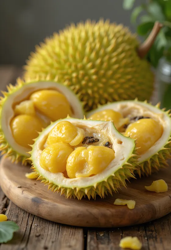 Ovocie jackfruit, žltá vláknitá dužina a zelená ostnatá šupka