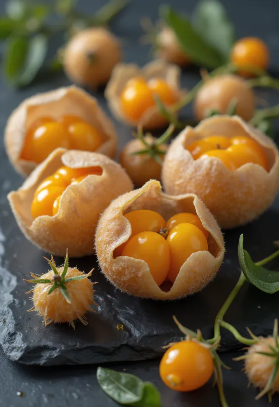 Bobule machovky peruánskej (Physalis), žiarivá oranžová farba a papierový kalich
