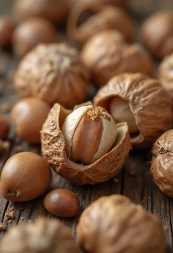 Lúpané lieskové orechy vcelku a rozpolené v miske a rozsypané