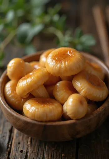 Očistené huby nameko na drevenej doske