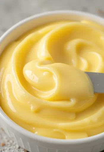 Rastlinný margarín v sklenenej miske a na noži na natieranie, na drevenom povrchu v kuchyni