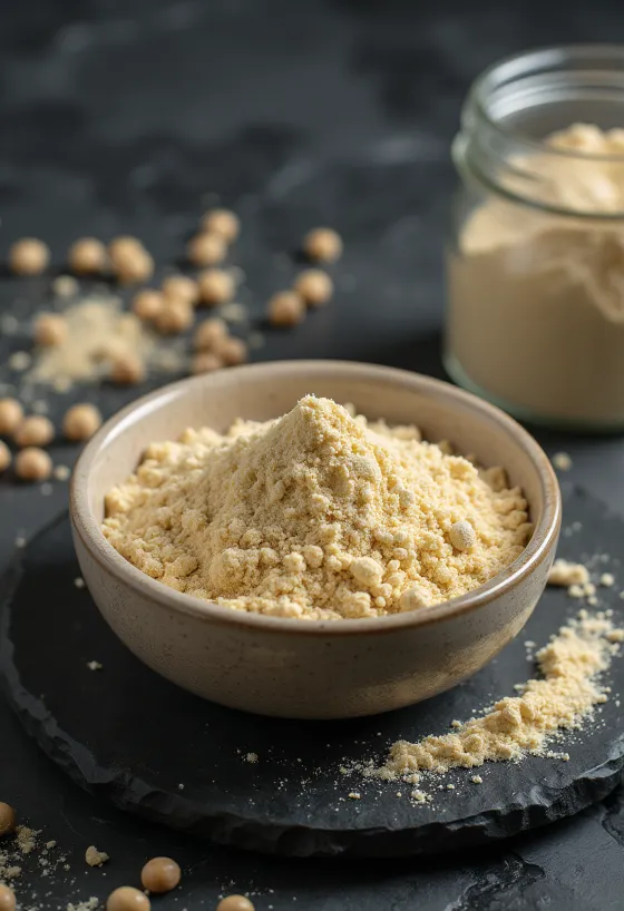 Surový hrachový proteín vo forme svetlobéžového prášku so žltým hrachom