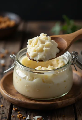 Surový kačací tuk v malej sklenenej miske, okolo kúsky čistého tukového tkaniva