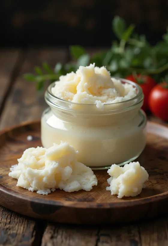 Surový husací tuk v malej sklenenej miske, okolo drobné kúsky čistého tukového tkaniva