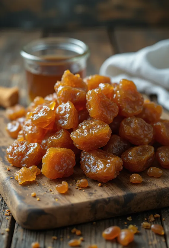 Kúsky surového propolisu na drevenom povrchu v prírodnom stave