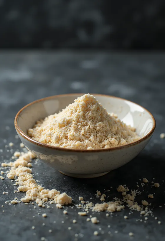 Surový ryžový proteín v svetlobéžovej farbe v miske, vedľa hnedej ryže