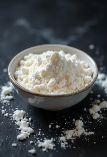 Arrowroot prášok v keramickej miske, vedľa na vareške na svetlom povrchu