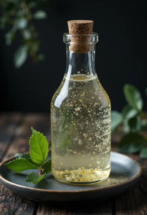 Brezová šťava v sklenenej fľaši a pohári, s brezovou kôrou a vetvičkami