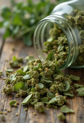 Sušené lístky oregana a mleté korenie na drevenom povrchu