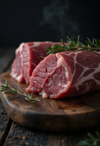 Kúsky čerstvého srnčieho mäsa s borievkami, rozmarínom a cesnakom na drevenom povrchu