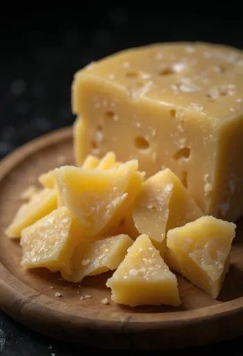 Nakrájaný a nastrúhaný parmezán na drevenej doske