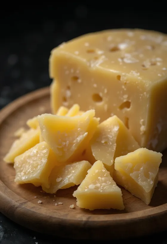 Nakrájaný a nastrúhaný parmezán na drevenej doske