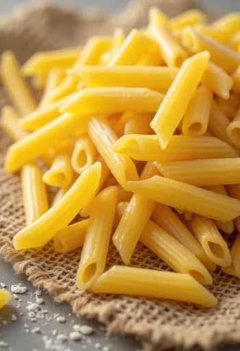 Sušené cestoviny penne s rebrovaným povrchom na drevenom pozadí