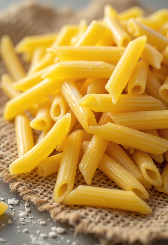 Sušené cestoviny penne s rebrovaným povrchom na drevenom pozadí