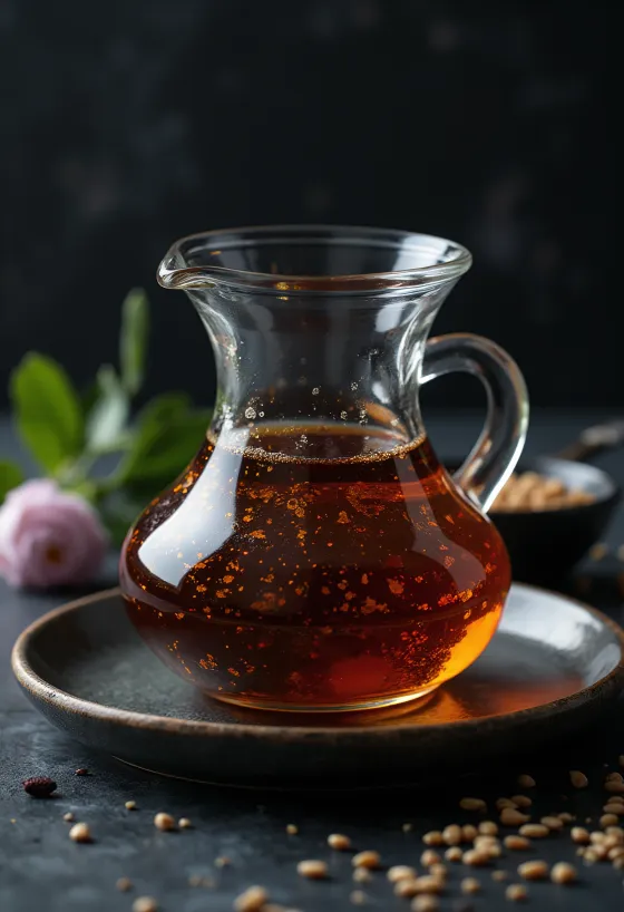 Pražený sezamový olej v tmavej fľaši s miskou a semienkami